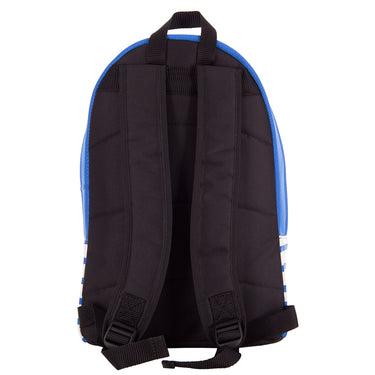 Side and back view of the backpack showing padded straps and black paneling