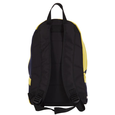Side and back view of the backpack showing padded straps and black paneling