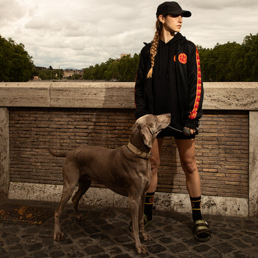 model wearing casual black terry socks football club AS Roma