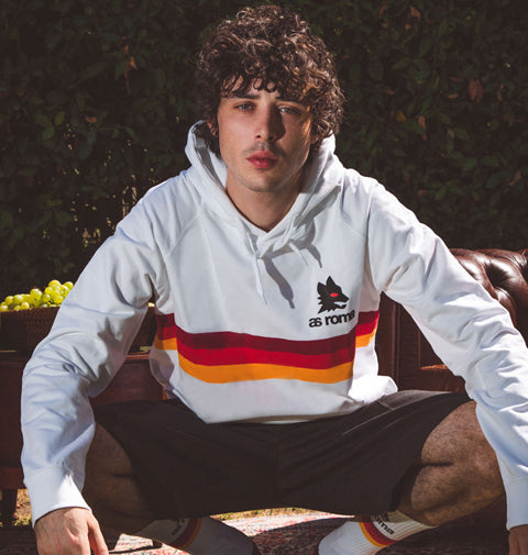 Model wearing the AS Roma 19080's Retro Football Windrunner